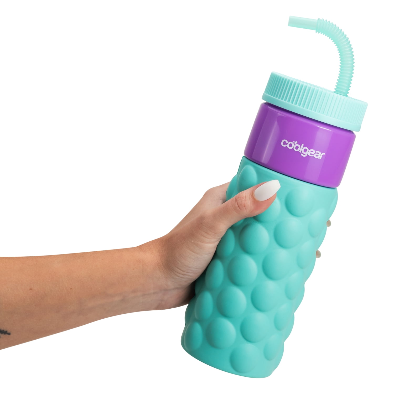 COOLGEAR GO GRIP 24oz 2-PackRetro Squishy Water Bottle | Cute Printed Design, Foam Grip, Resealable Bendy Straw | Dishwasher Safe - Summer Drinkware for Kids, Adults, Gifts - Bubble Teal & Prism