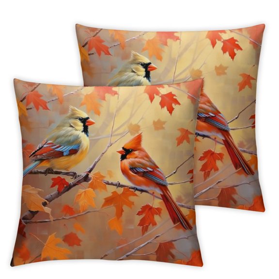 Acheng Maple Leaves Birds Pillow Cover Set of 2,Autumn Fall Orange Tree Branch Seasonal Decorative Pillow Square Cushion Case for Couch Sofa Bed Living Room Decor 12x12in