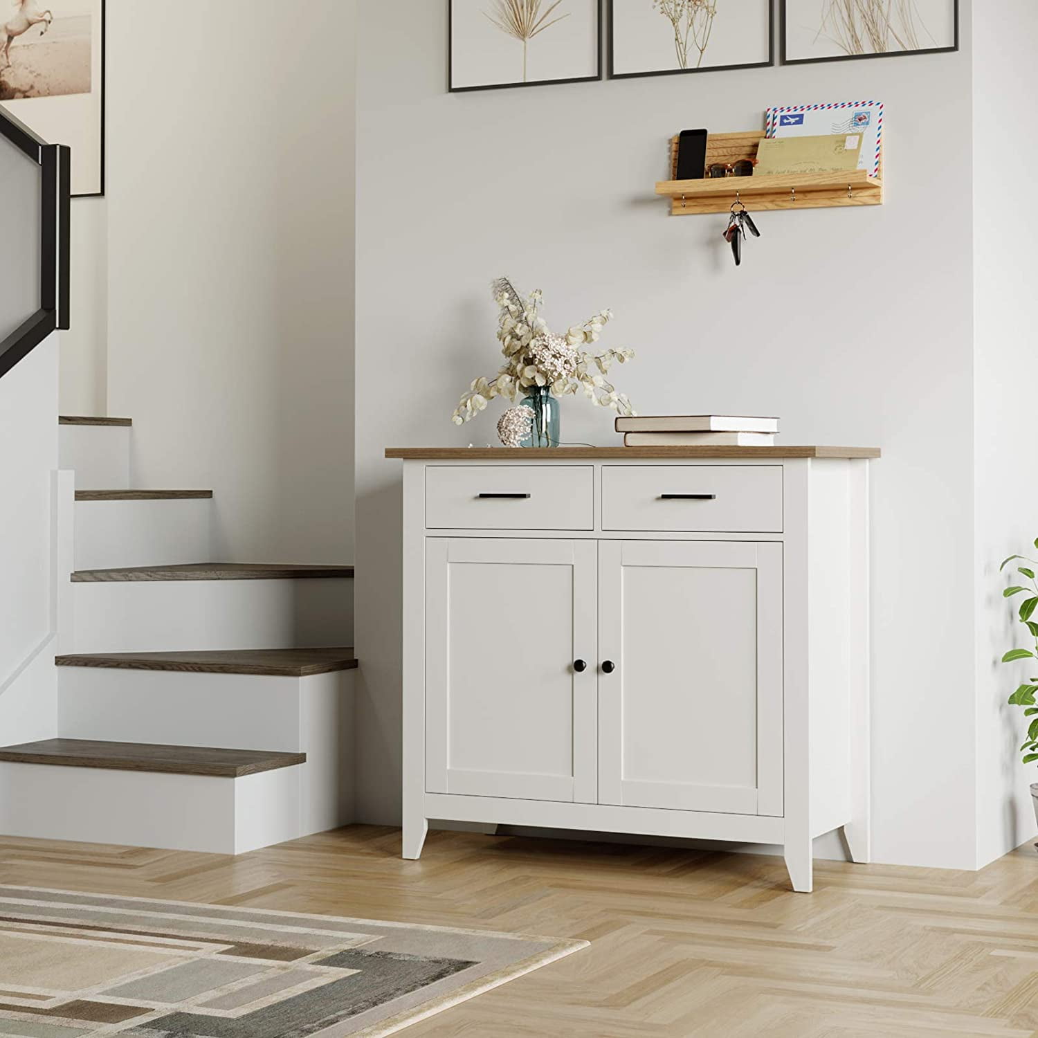 White Warmiehomy Wooden Sideboard Cabinet Sideboard Storage Cabinet Chest of Drawer with 2-Drawers 2-Shelves Living Room Hallway Bedroom Cabinet 