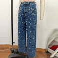 thumbnail image 6 of Women's Pearl Rhinestone Jeans Baggy Stretchy High Waisted Denim Wide Leg Trouser Pants 2026 Trendy Clothes, 6 of 8