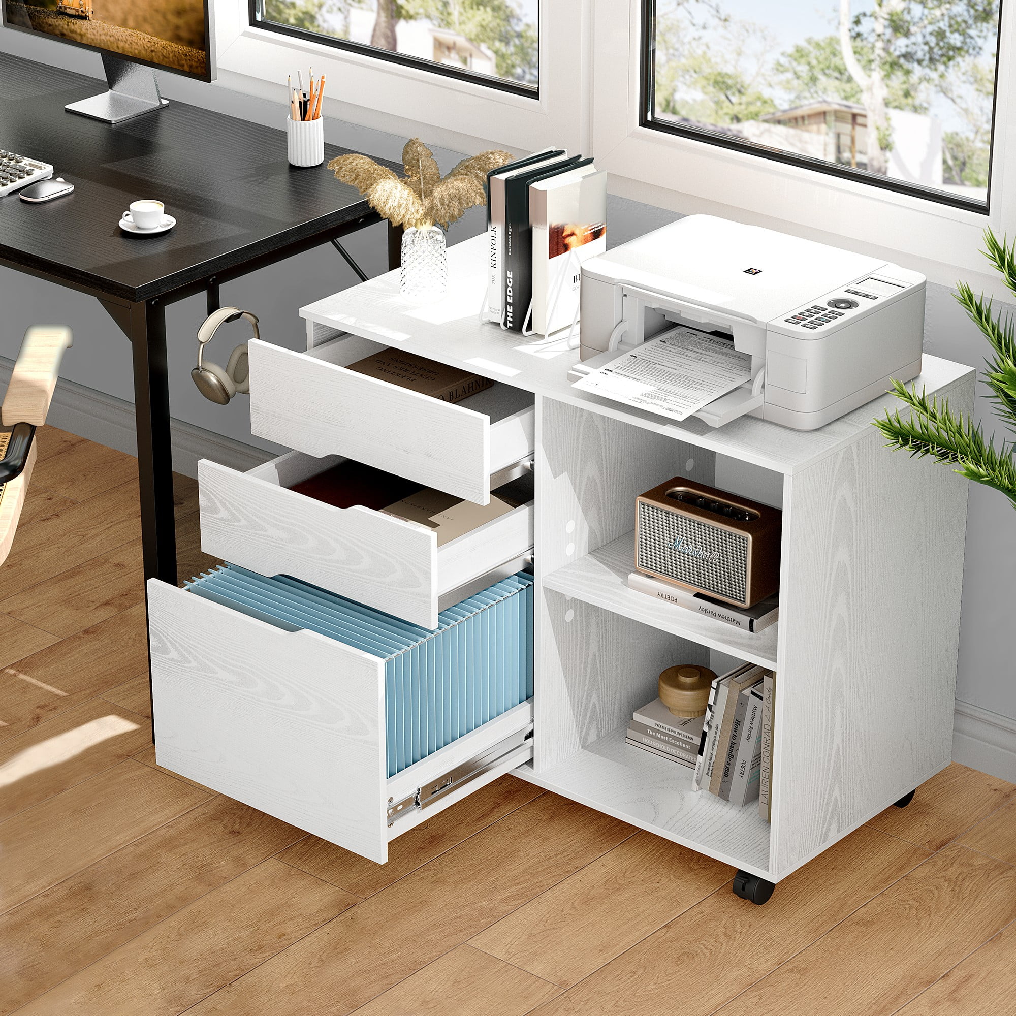 Gianna 3 Drawer File Cabinet with Wheels and Open Storage Shelves for Home Office, White
