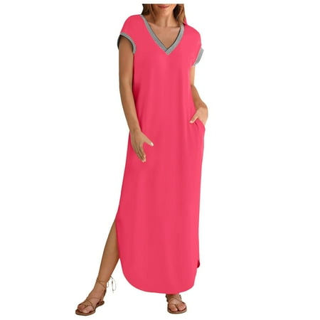 Blphud Women Casual Dresses Womens Dresses Women s 2024 Summer Short Sleeve Maxi Dress V Neck Split Loose Casual Beach Long Dresses Summer Dresses for Women 2024 Hot Pink M