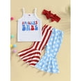 thumbnail image 2 of Independence Day Kids Girls Clothes Summer Letter Print Camisole and Casual Star Stripe Flared Pants Headband Set, 2 of 7