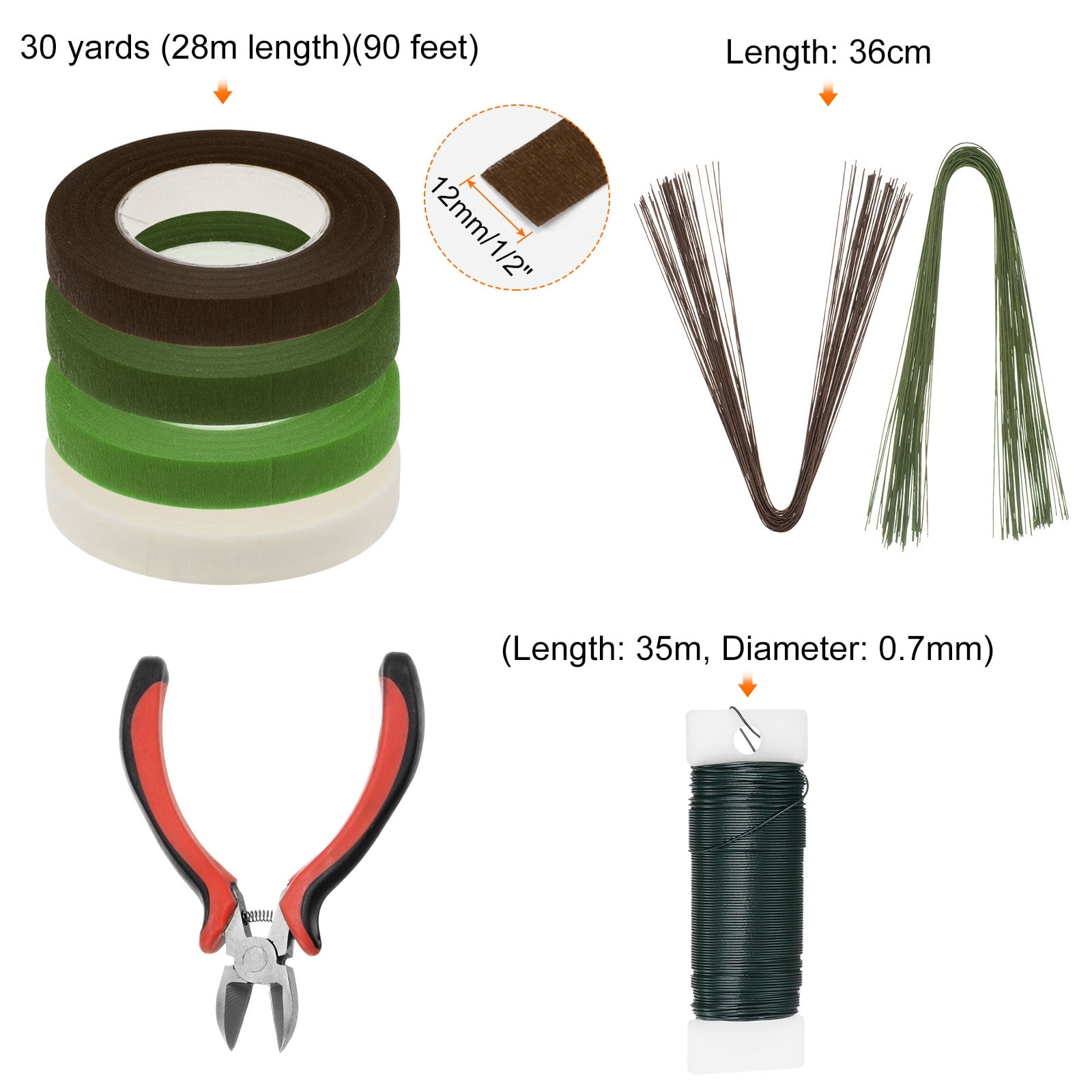 Uxcell 4 Rolls 30 Yards Floral Tape and Wire Cutter with Floral Stem Wire and 22 Gauge Green Floral Wire