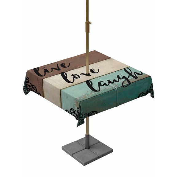 Outdoor Tablecloth with Umbrella Hole for Patio/Picnic/Party/Camping, Vintage Boho Waterproof Table Cloth Square Cover Washable, Farmhouse Retro Teal Brown Wooden Grain (54"x 54")