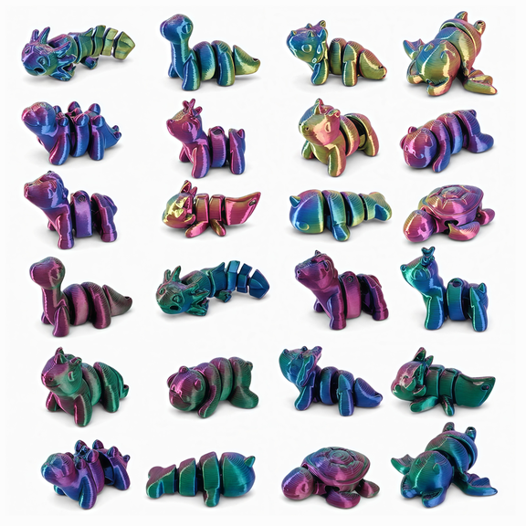 24 Pack 3D Printed Articulated Animals, Multicolor Shimmer Flexible Animal Fidget Set, Mini 3D Animal Party Favors for Kids, Classroom Rewards and Goodie Bag Fillers