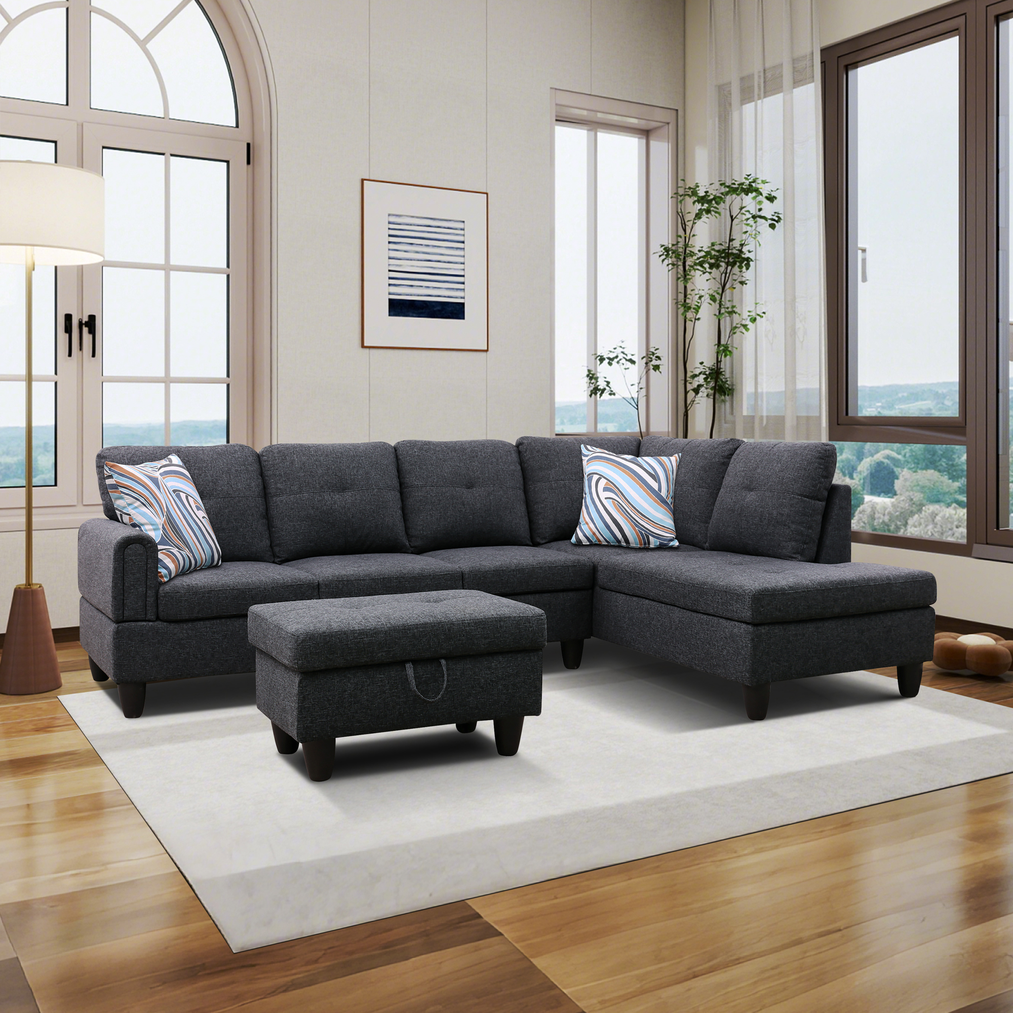 Prilinex L Shaped Couch Sectional Couches with Chaise and Storage Ottoman, 3 Pieces Modern Linen Sofa for Living Room Furniture Sets and Small Apartment, Black Grey