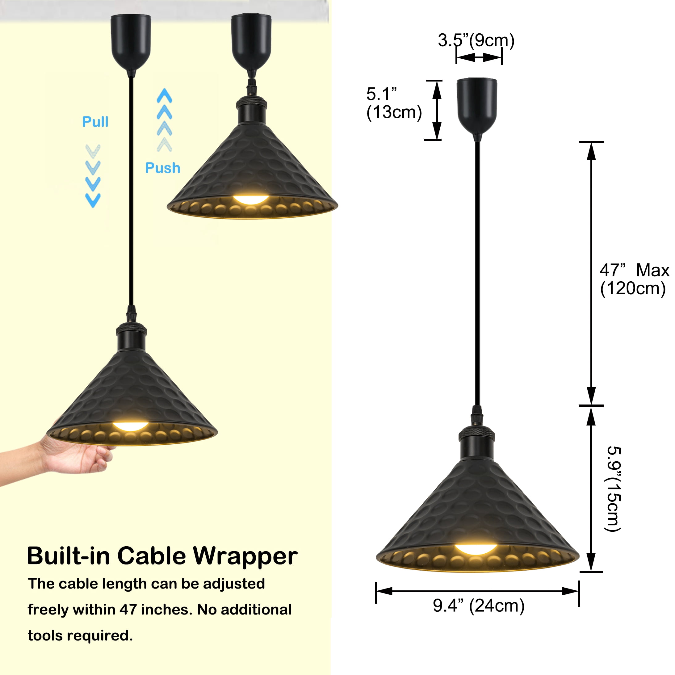 Kiven Battery Operated Pendant Light Adjustable Height,Dimmable Pendant Lighting Fixture with Remote,Rechargeable Hanging Pendant Light(1-Light)