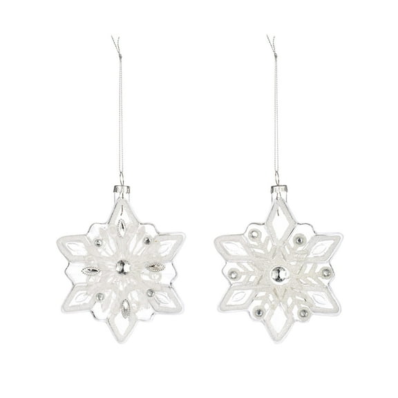 DEMDACO Beaded Snowflake White 4 x 5 Inch Glass Hanging Christmas Ornament Set of 2