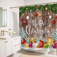 thumbnail image 2 of Merry Christmas Shower Curtain Rustic Wood Xmas Balls Bathroom Curtain Set Winter Snowy Pine Trees Holiday Decors Polyester Fabric Bathtub Decor with 12 Hooks 72x72 Inches, 2 of 6