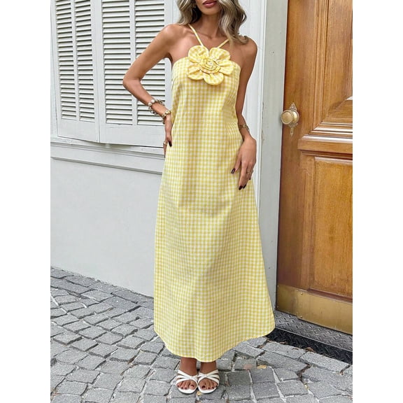 Butter Yellow Gingham 3D Floral Halter Maxi Dress For Women Summer Beach Vacation Outfit