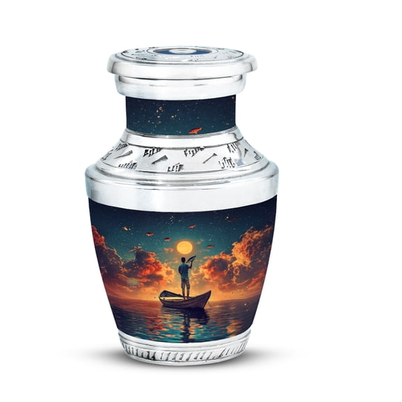 JAGASY Fishing Urn for Mother - Dark Green Small Urn for Ashes Adult Female - Sunset Water Boat Decorative Urns for Father - Mini Cremation Urns for Human Ashes Keepsake - (3 Inch)