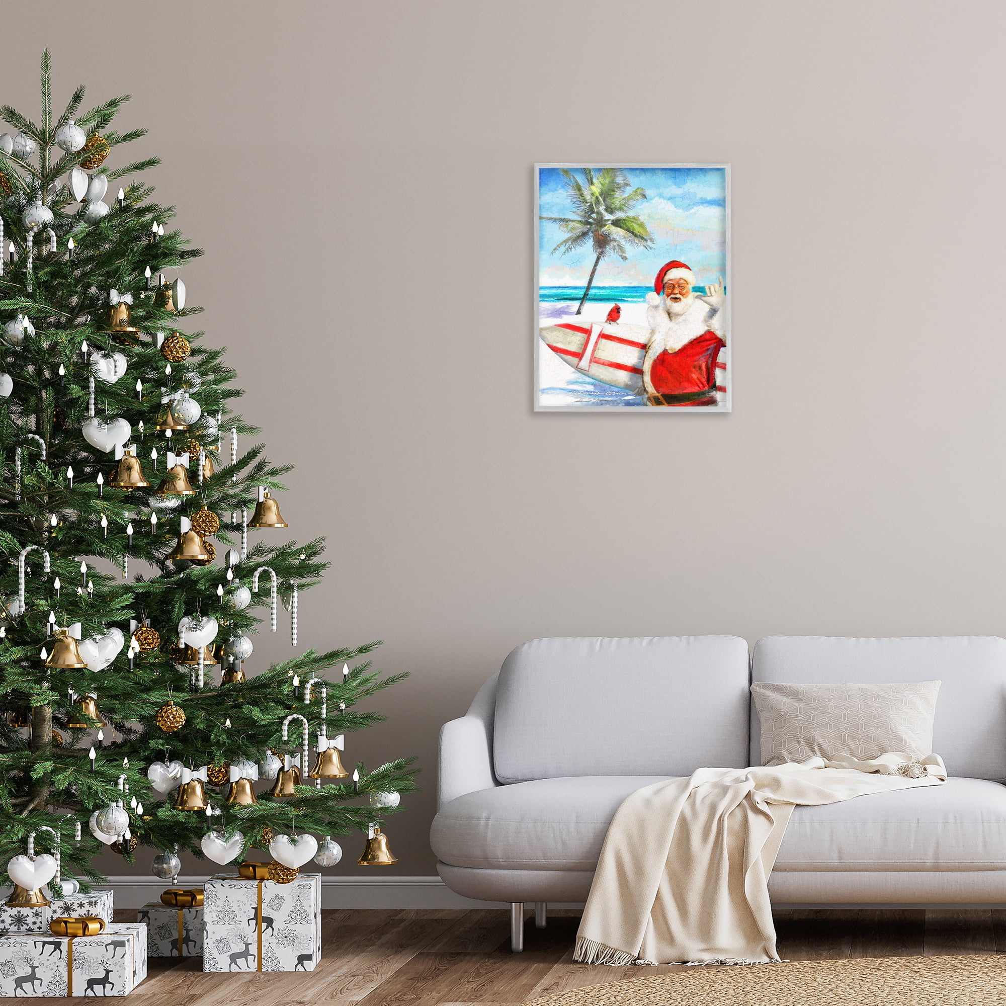 Stupell Industries Surfing Santa at Beach Holiday Painting Gray Framed Art Prints Wall Art, 24 x 30
