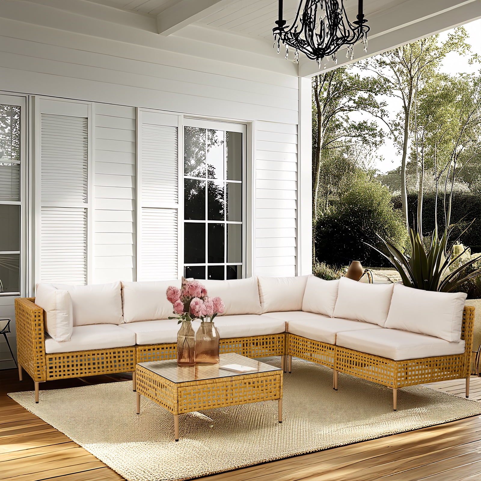 Ktaxon 7PC Wicker Patio Furniture Set Outdoor Sectional Sofa with Water Resistant Cushions, Glass Coffee Table, Boho Conversation Set Beige