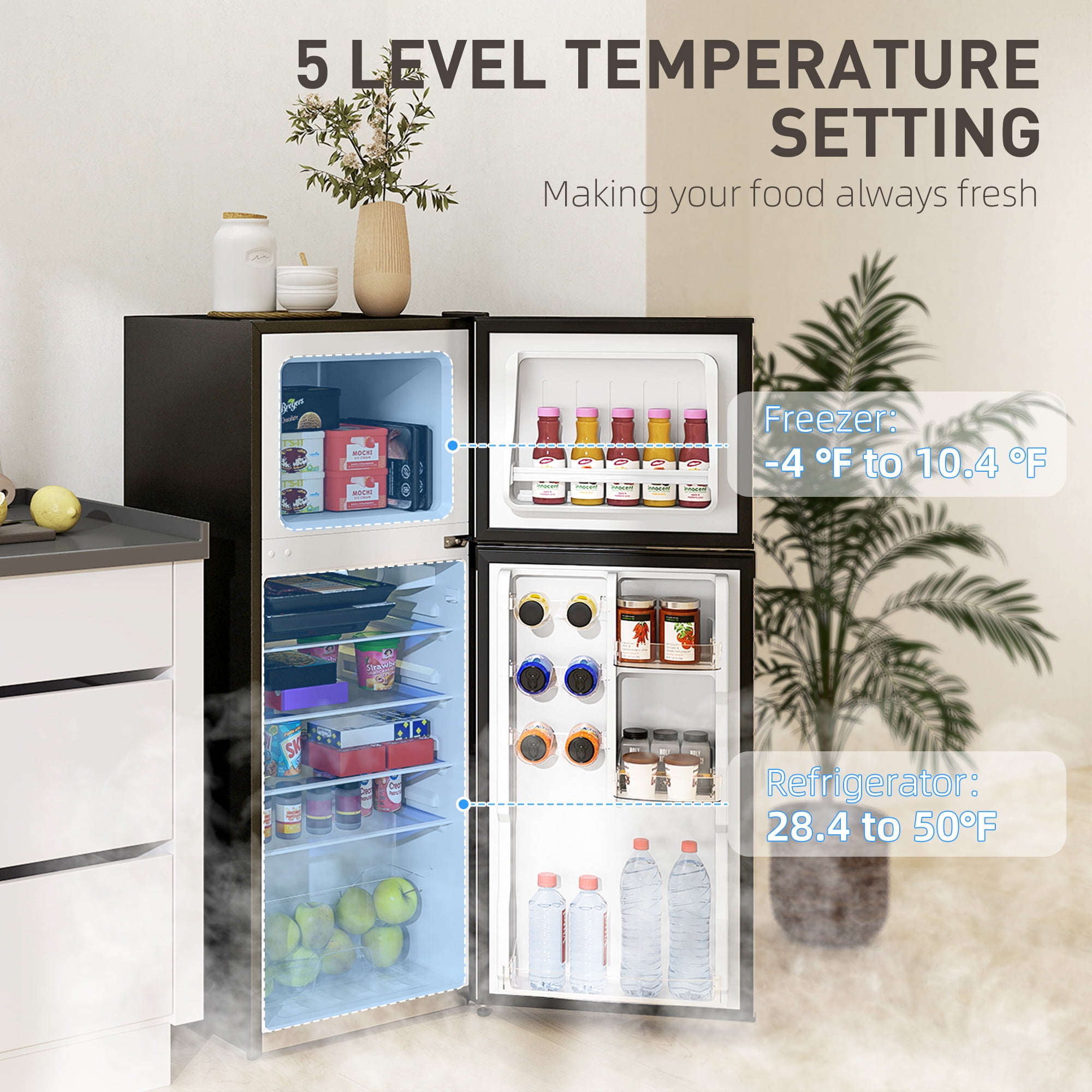 HOMCOM Small Fridge with Freezer, 4 Cu Ft Refrigerator with Shelves, Silver