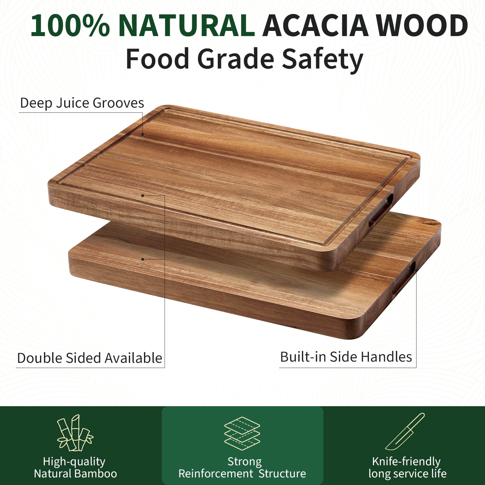 Extra Large Acacia Wood Cutting Board 20"x15" – Reversible Wooden Butcher Block for Kitchen with Deep Juice Groove, Side Handles – Chopping Board & Serving Tray for Meat, Vegetables, Cheese