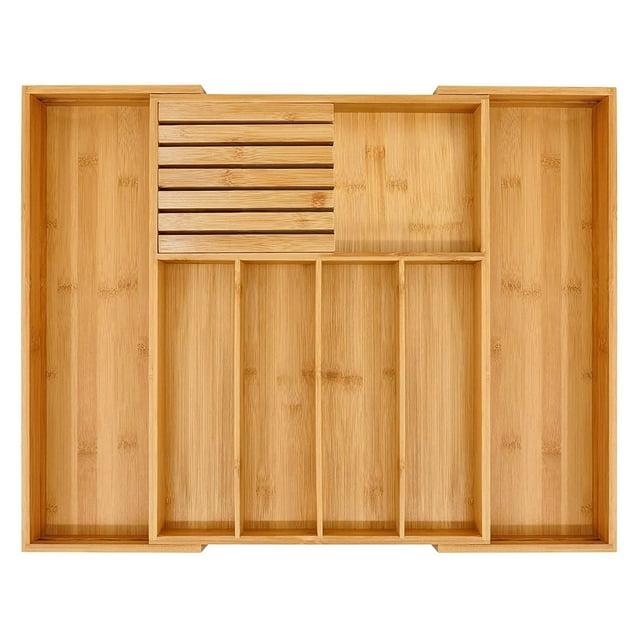 Zootealy Bamboo Silverware Drawer Organizer Kitchen, Expandable Utensil Holder and Cutlery Tray with Divider | 13"-21.6" Flatware Storage and Removable Knife Block