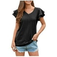 thumbnail image 1 of Women's V Neck T Shirt Summer Hollow Casual Ruffle Sleeve Tops Blouse Loose Fit Solid Color Tunic Tee Tops Basic Tshirts, 1 of 6