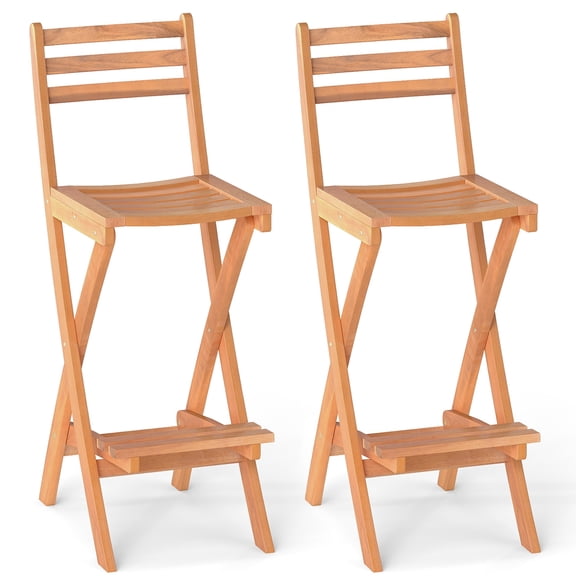 Gymax Outdoor Folding Bar Stools Set of 2 w/Backrest Footrest Wooden Barstools Natural