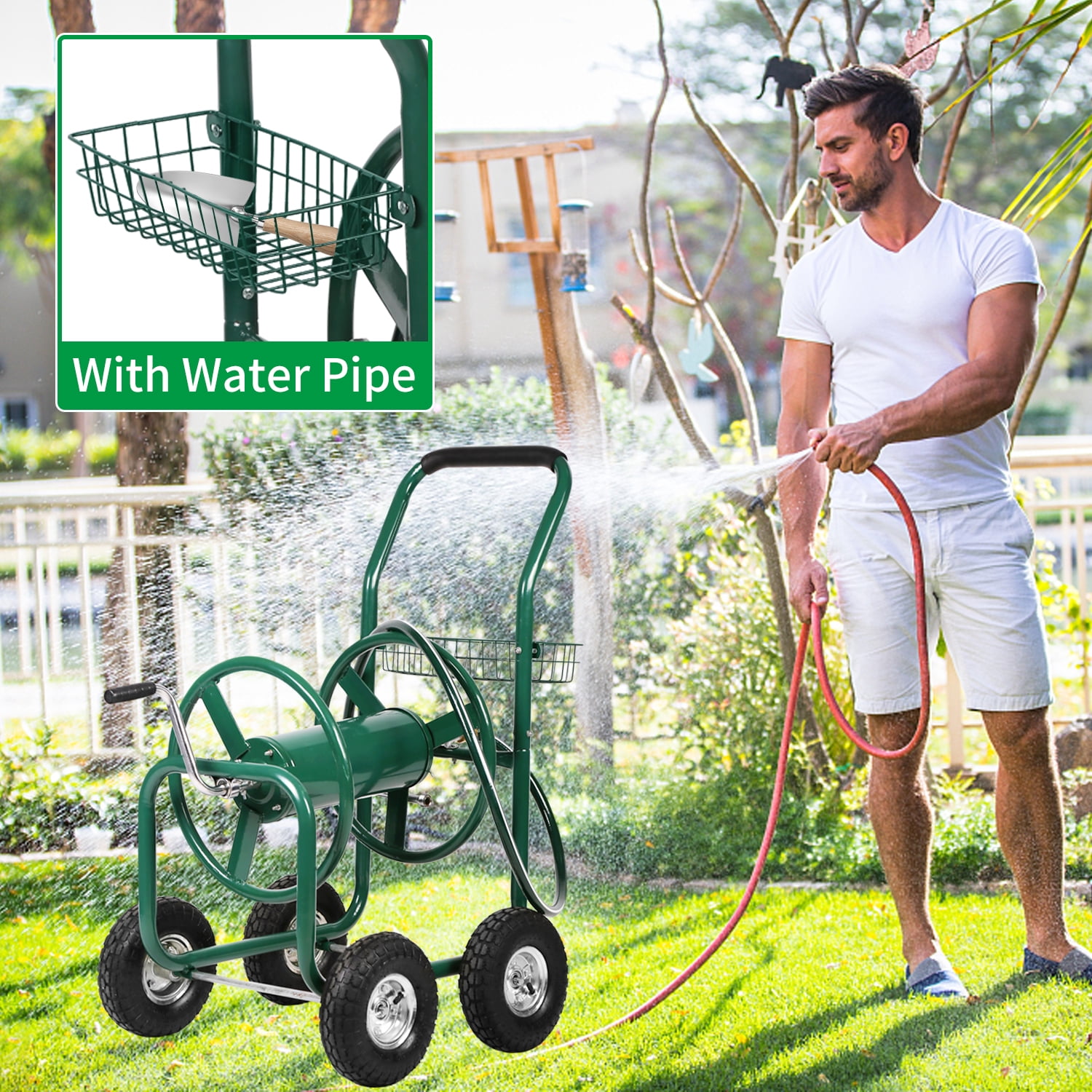 Garden Hose Reel Cart with Wheels Heavy Duty Hose Reels Cart Water Hose Cart Holds 300-Feet of 5/8"" Hose for Yard Water Planting Outdoor Garden Lawn Water Truck w/Storage Basket, Green
