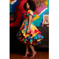 thumbnail image 3 of Plus Size Multicolor Abstract Print Satin Dress, High Neck Puff Sleeve Fit-and-Flare Ruffled Hem Cocktail Party Gown, 3 of 6