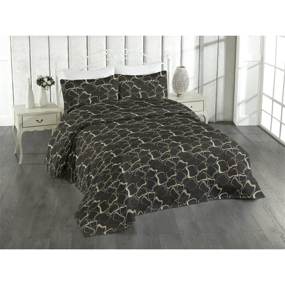 Ambesonne Retro Quilted Bedspread Set 3 Pcs, Circular Art Shapes Abstract, King, Charcoal Grey Cocoa Tan