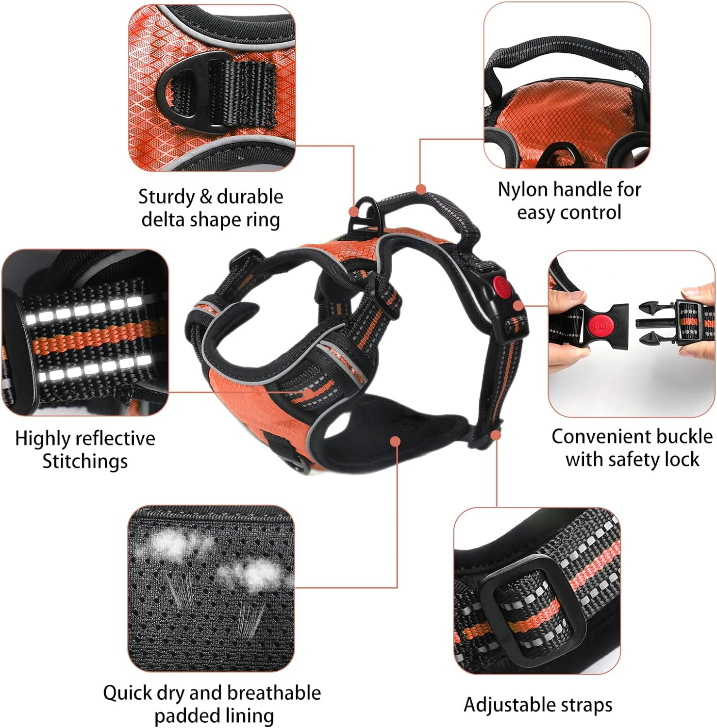 SYEENIFY No Pull Dog Harness, Adjustable Soft Padded Dog Vest, Medium Large Dog Harness with 5FT Dog Leash,Reflective No-Choke Pet Oxford Vest with Easy Control Handle orange Large