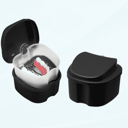 Denture Cup Retainer Cleaning Case Denture Soaking Container With Strainer Basket, Denture Cups For Soaking Dentures Mouthguard Storage Holder - Leak Proof And Lid Waterproof - Black