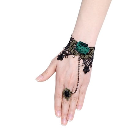 Pewter Slave Bracelet - Women Halloween Accessory Lace Slave Finger Ring Bracelet Black
