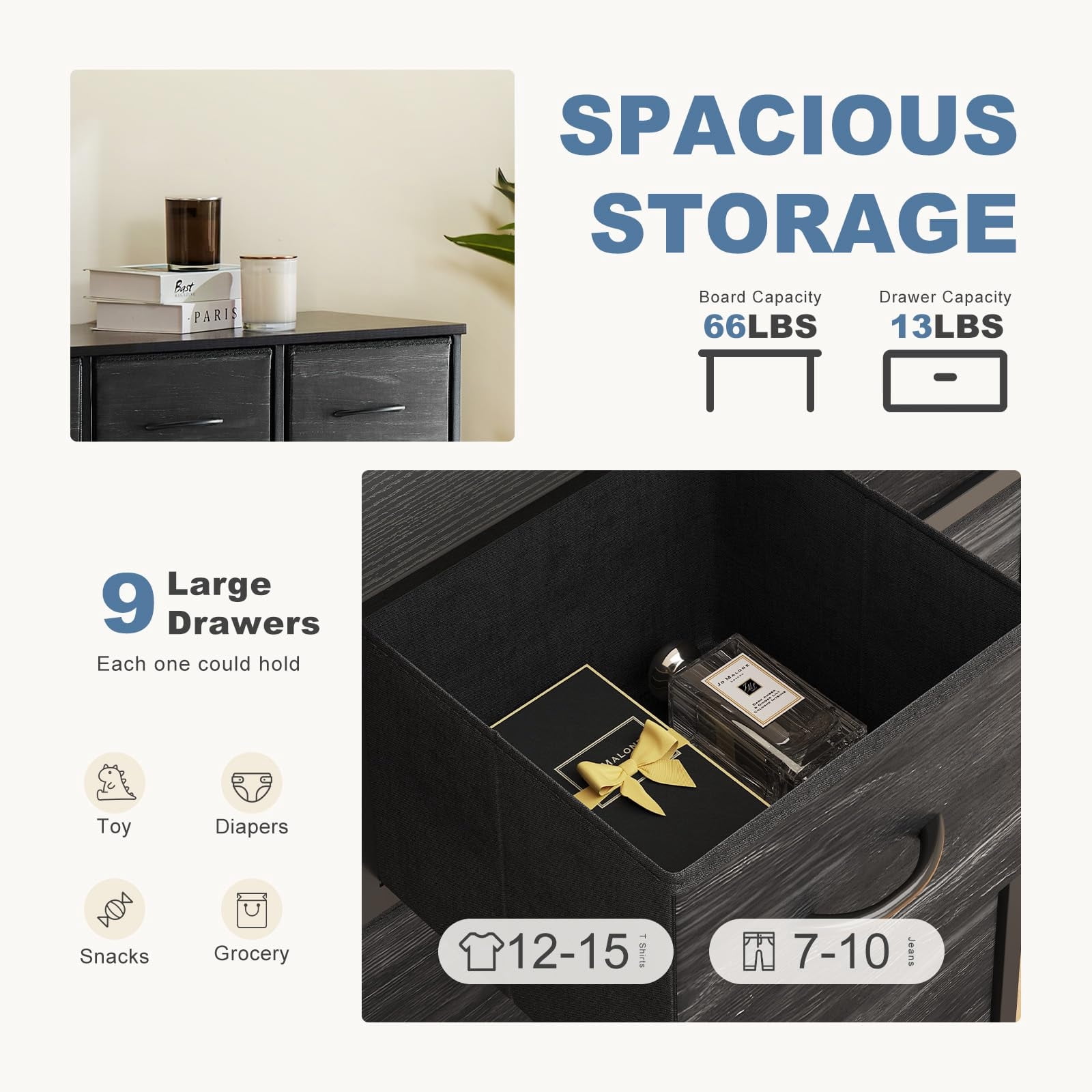 Telyra 9-Drawer Fabric Dresser Tall Storage Tower with Wood Top and Steel Frame Bedroom Closet Organizer, Black Wood Grain