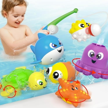 Joyfy Baby Bath Toy Set - Magnetic Fishing Toy with Fishing Rod, Soft Puffer & Clown Fish, Spinning Octopus and Starfish, Wind-up Shark and Turtle - Sensory Development for Infants & Toddler