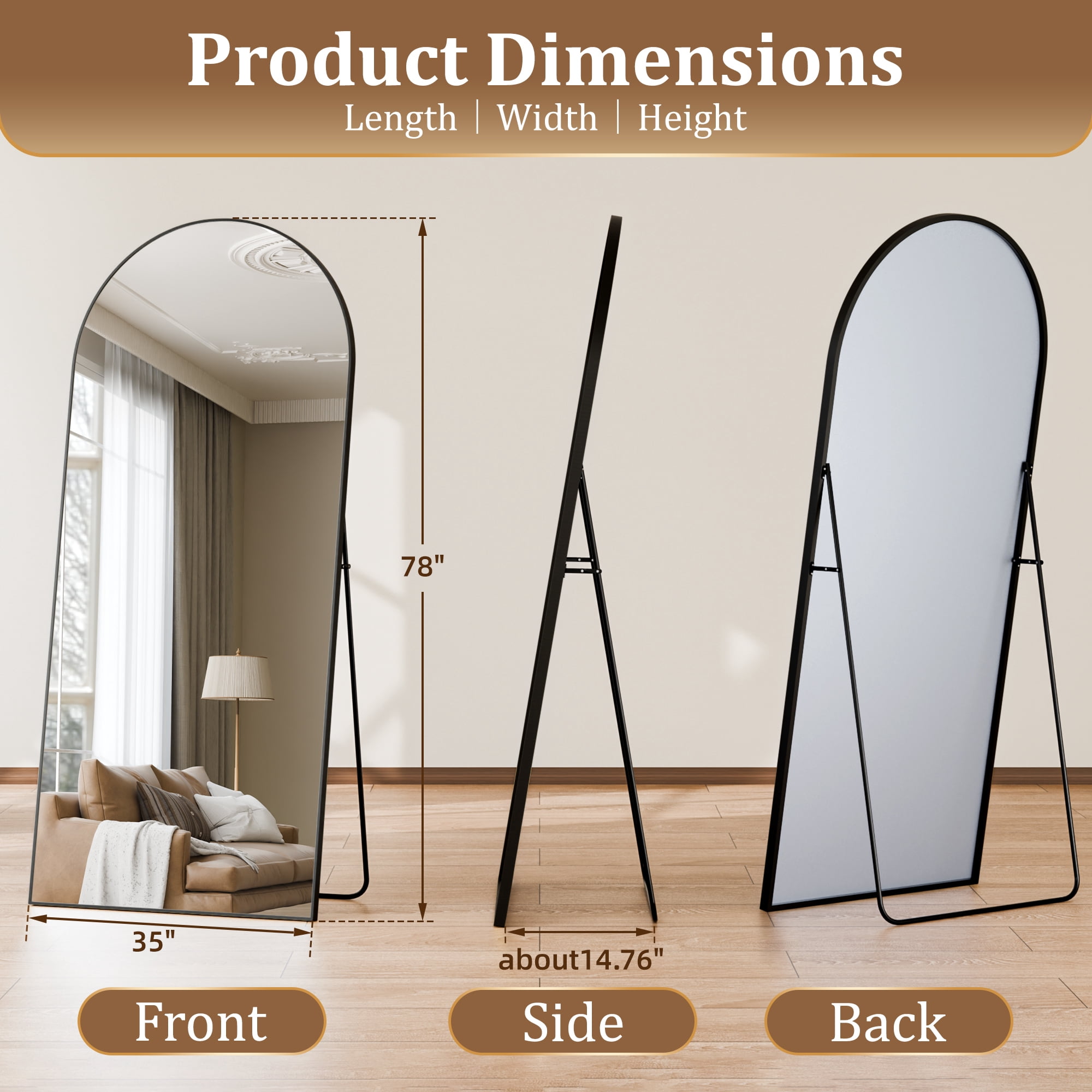 Easy4Home 78"x 35" Arch-Top Oversized Full Length Mirror Metal Frame Freestading Floor Mirror, Black