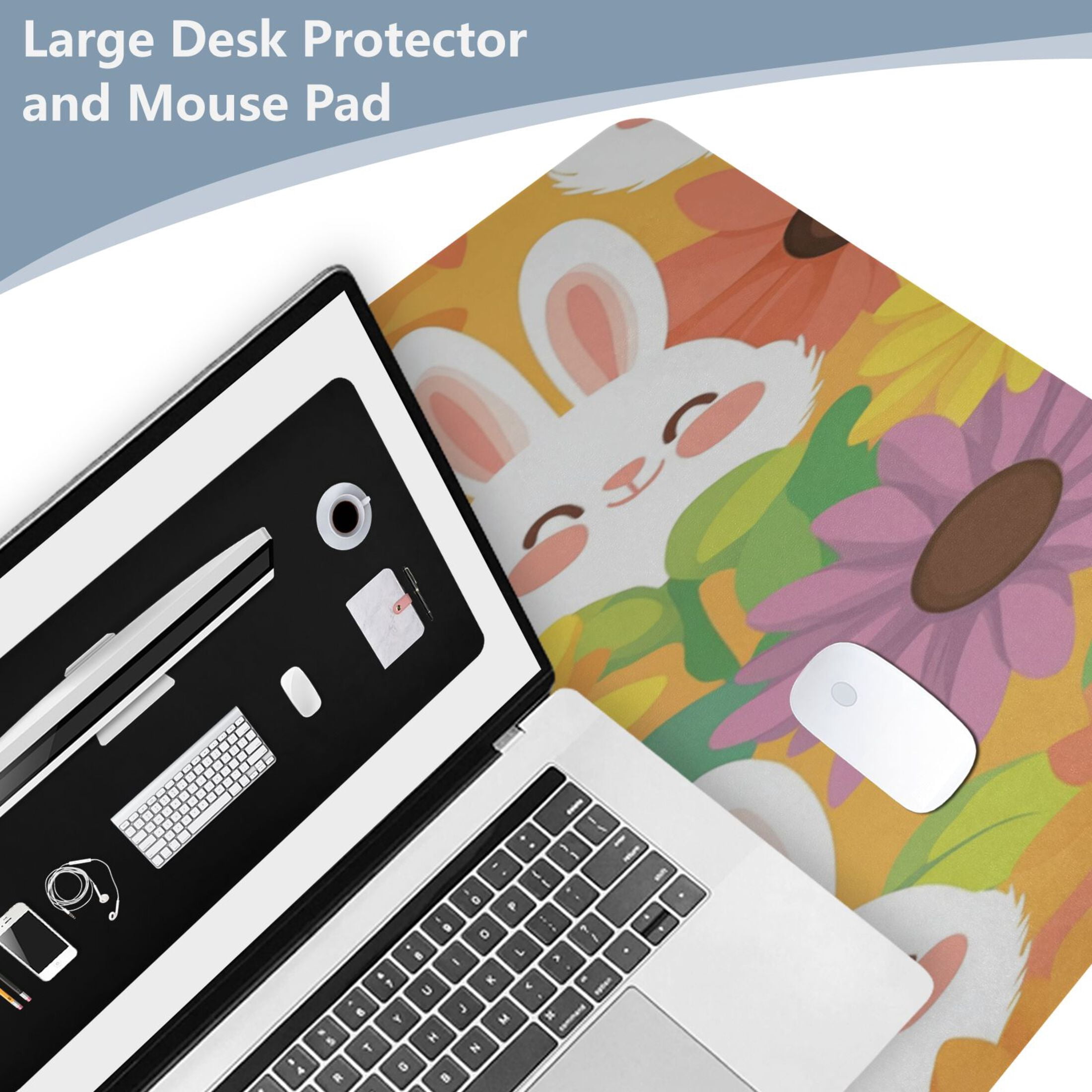 Leather Keyboard and Mouse Desk Mat Office Desk Accessories Protective Office Desk Decor Desk Pad Mat for Gaming, Work from Home, Office Smiling Bunnies with Sunflowers 16.5" x 35.4"