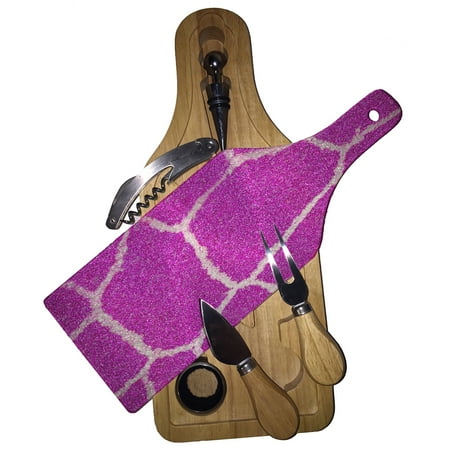 

KuzmarK Wine & Cheese Glass Cutting Board Wood Box Gift Set - Giraffe Skin Pink Sparkle