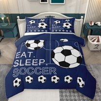 Homewish Eat Sleep Soccer Full Size Comforter Sets for Boys, Kawaii Cartoon Football Bedding Comforter Set, Ball Sports Lover Reversible Bedding Sets, Ultra Soft Bedroom Decor, 3-Piece