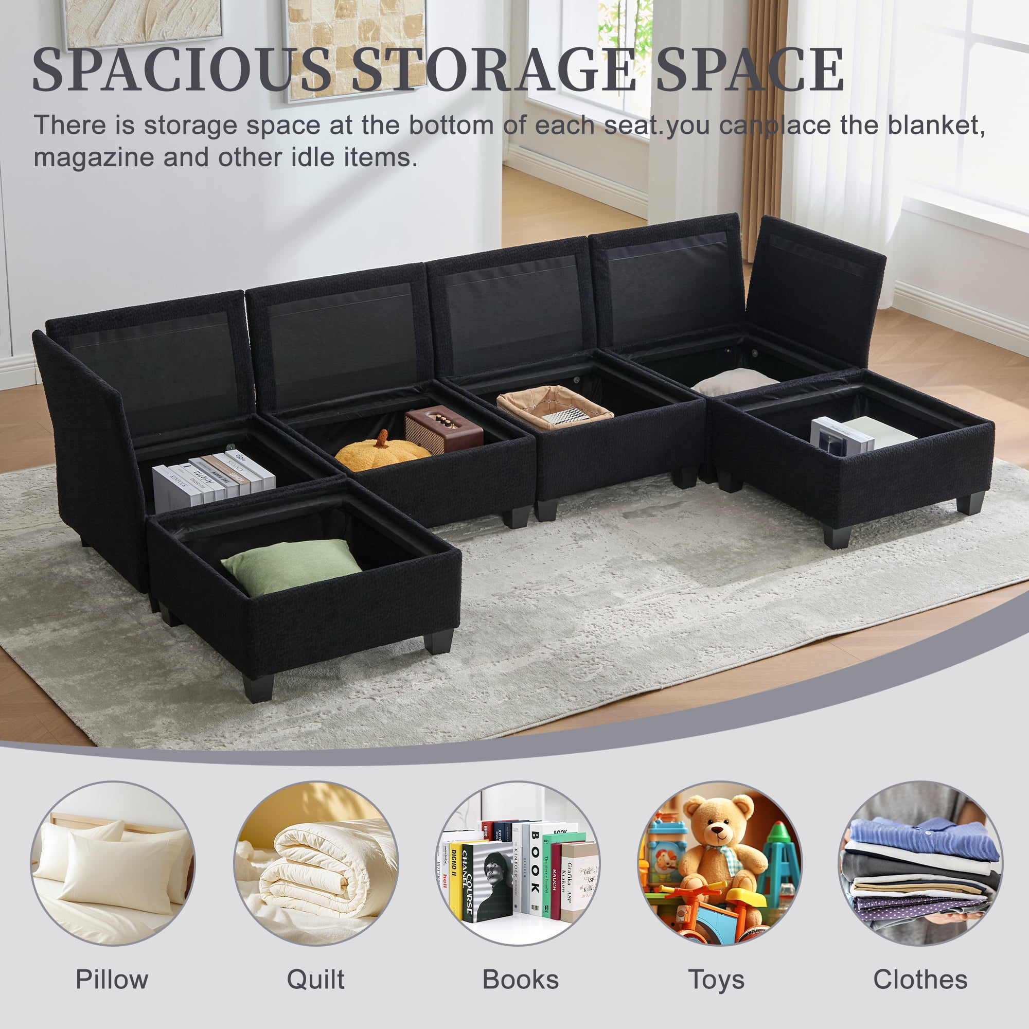 MOONMISS 6-Seat Polyester Upholstered U-Shaped Modular Storage Sleeper Sectional Sofa with Storage Ottoman-Black
