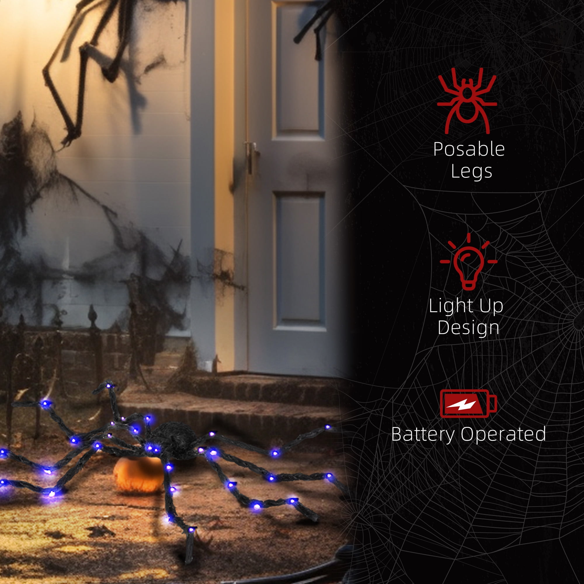 Light-Up Oversized Spider Halloween Decoration 47.2 Inch Purple Glowing Bendable Legs Battery-Operated for Haunted House