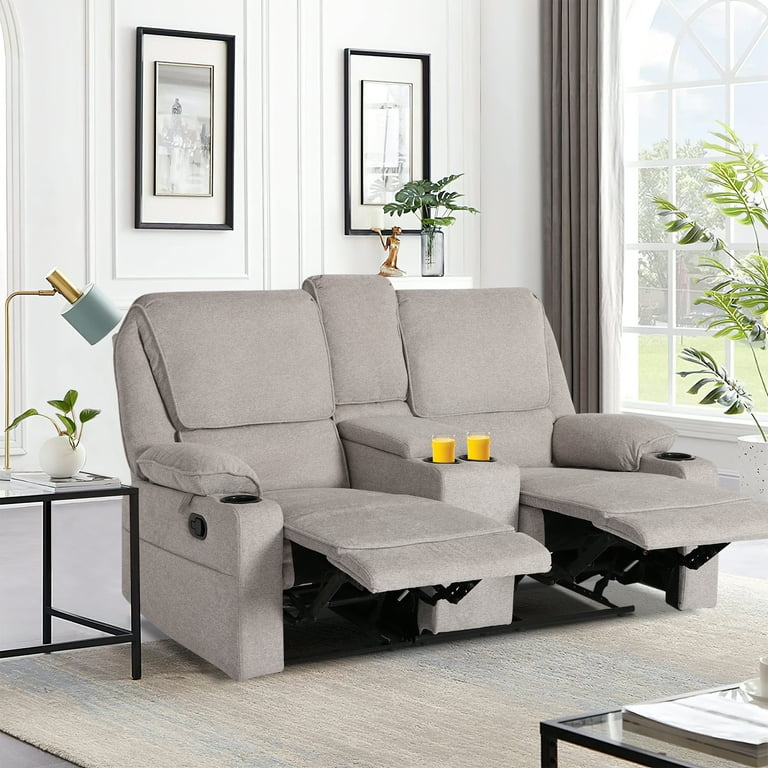 Reclining Sofa 2 seater Manual Recliner Sofa with Cup Holders Central Console Manual Reclining Loveseat for Living Room Home Theather Light Gray