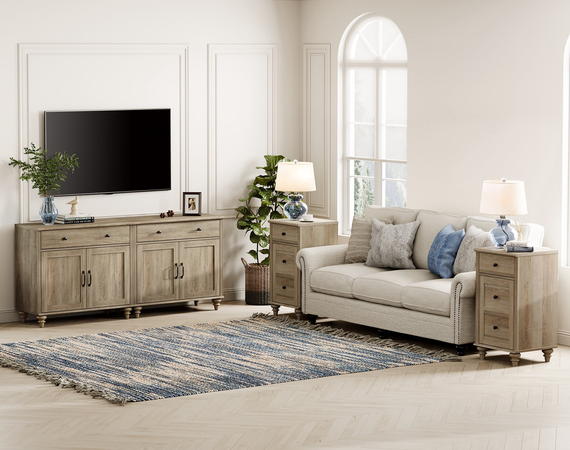 Farmhouse TV Stand for 75 inch TV with 4 Doors and 2 Drawers, Wood Universal TV Stand with Storage Cabinets for Living Room, Bedroom, Wash Gray