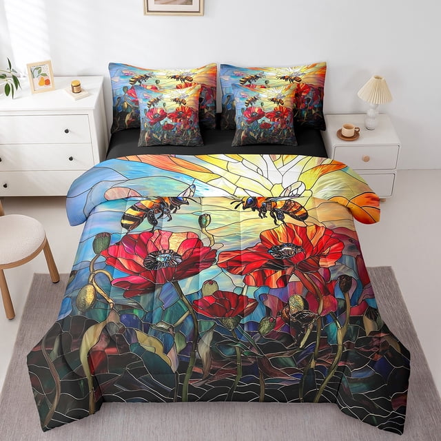 Honey Bee Comforter Set Queen,Red Poppy Flowers Rustic Garden Botanical Bedding Set,Artistic Stained Glass Style Patchwork Bed Set 7 Pieces(Comforter+Fitted+Flat Sheet+Pillowcase+Pillow Cover)