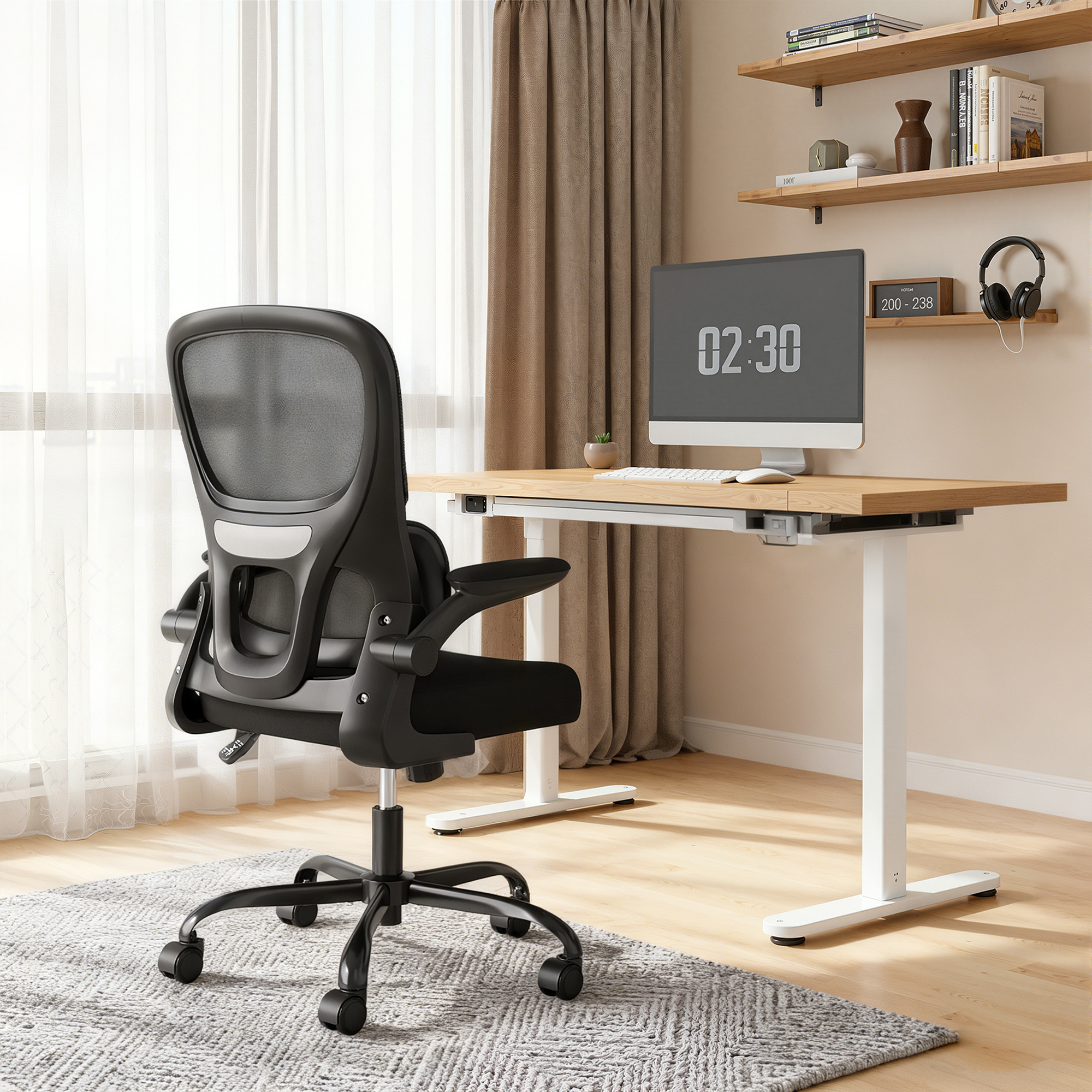 MAYEERTY Ergonomic Home Office Chair with Mesh Back, Lumbar Support, Flip-up Armrests for Work & Study, Black