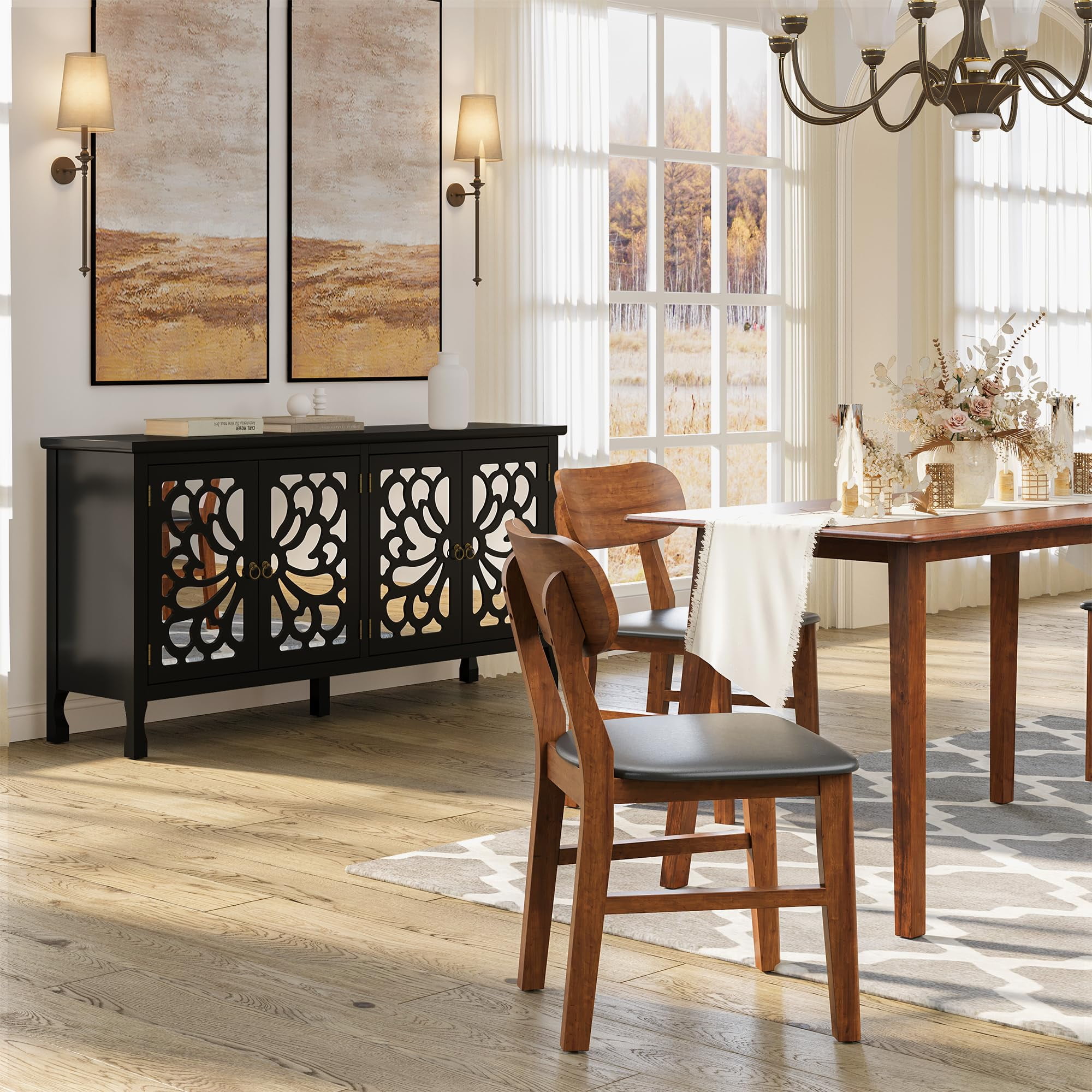 CozyHome 63" Carved Buffet Cabinet with Mirrored Door, Modern Console Cabinet with Storage and Adjustable Shelves, Wood Media Cabinet for Entryway, Living Room, Bedroom, Dining Room, Bathroom (Black)