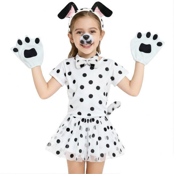 WOYY Dalmatian Dress Up for Girls Party Outfits Cute Dog Ears Headband Skirt Gloves Tail Set, Sizes One Size