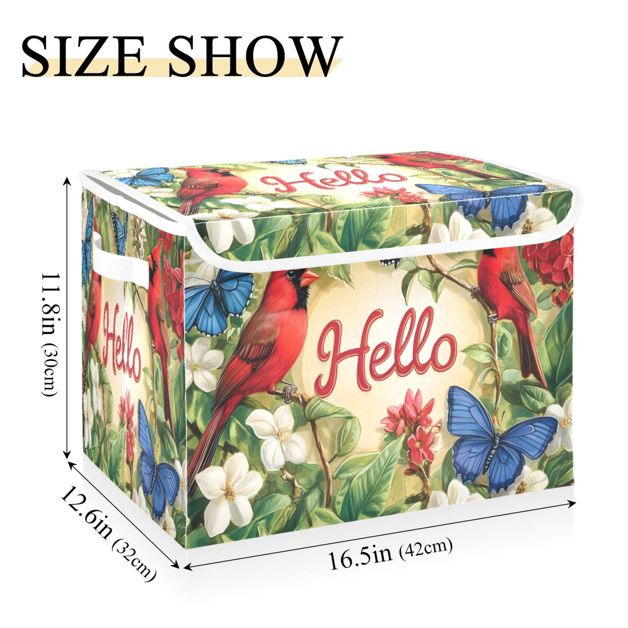 Ryvnso Cardinal Butterfly on Flower Large Lidded Foldable Storage Baskets Cubes Boxes Lids Bin for Home