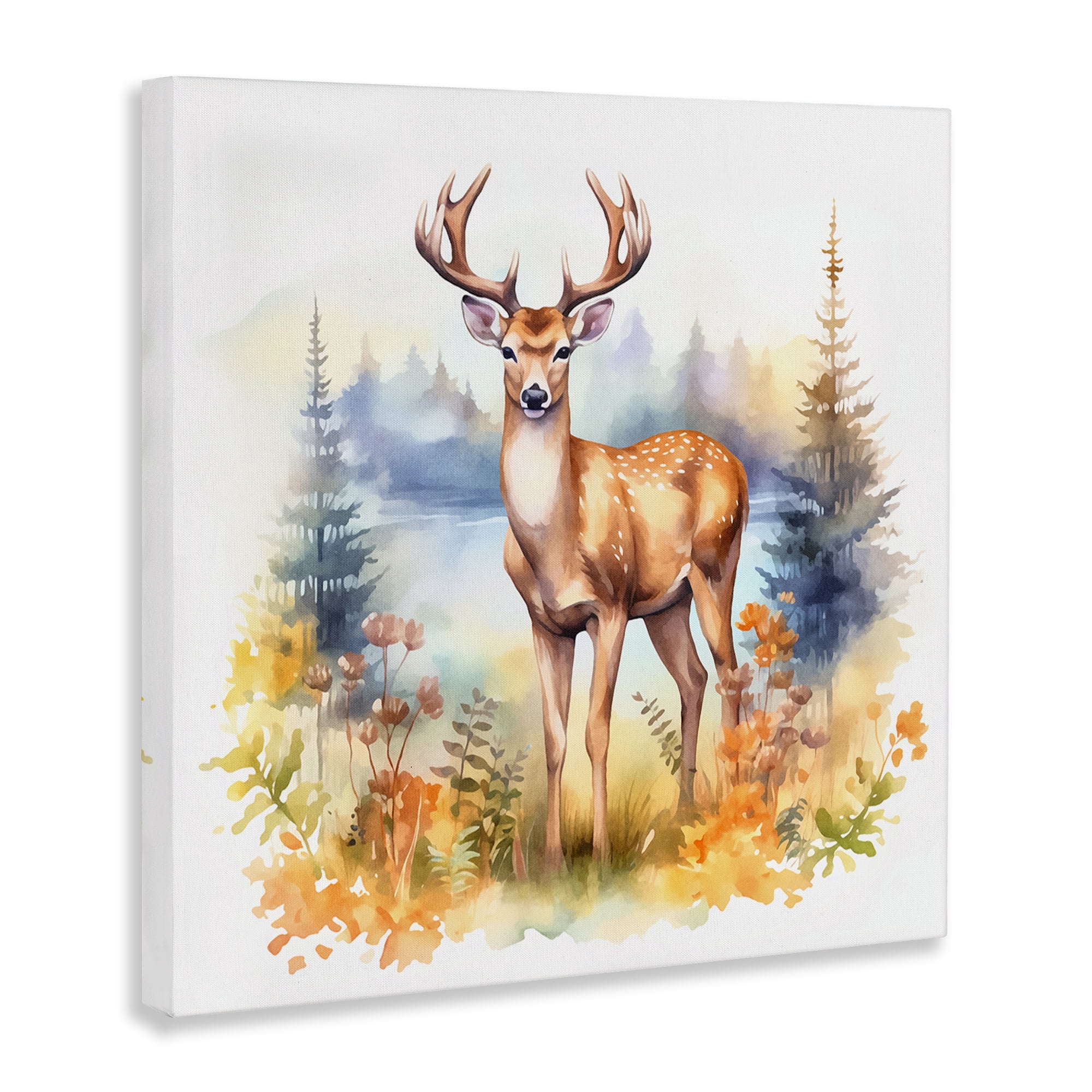 Stupell Industries Wild Deer in Forest Animals Painting Wrapped Canvas Art Print Wall Art, 17 x 17