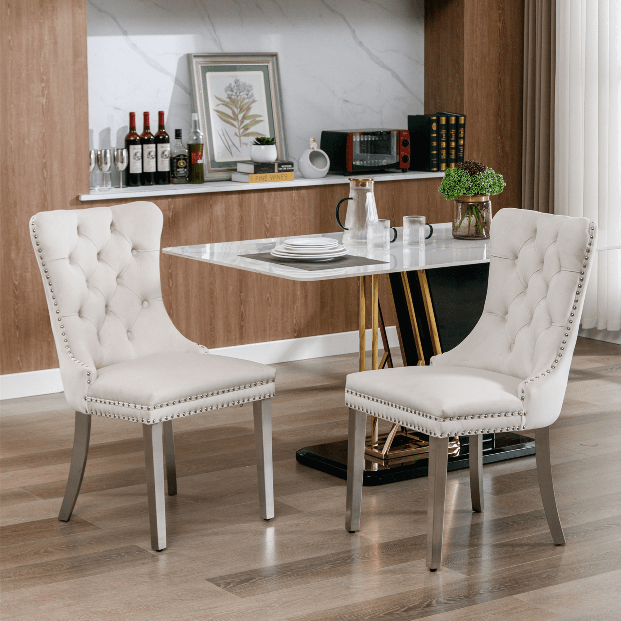 LegaHome Dining Chairs Set of 2, Modern Upholstered Velvet Dining Room Chairs with Nailhead Trim and Chrome Stainless Steel Plating Solid Wood Legs, Tufted Button Padded Chairs Set for Kitchen, Beige