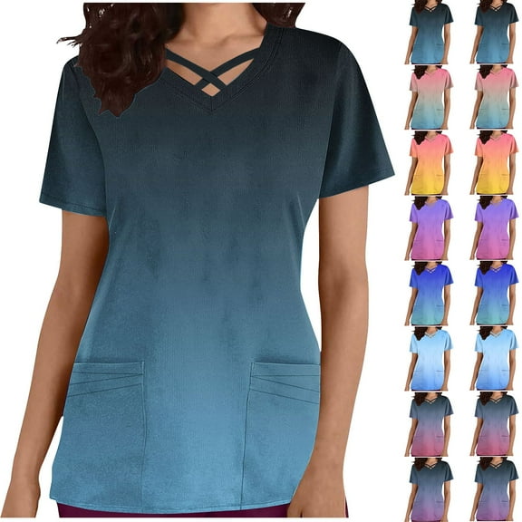 QATAINLAV Scrubs for Women Gradient Print Short Sleeve Nursing Scrub Tops Criss Cross V Neck Dressy T Shirts Summer Nurse Working Uniform Pocket Tee Nurse Gifts Dark Blue XXXL