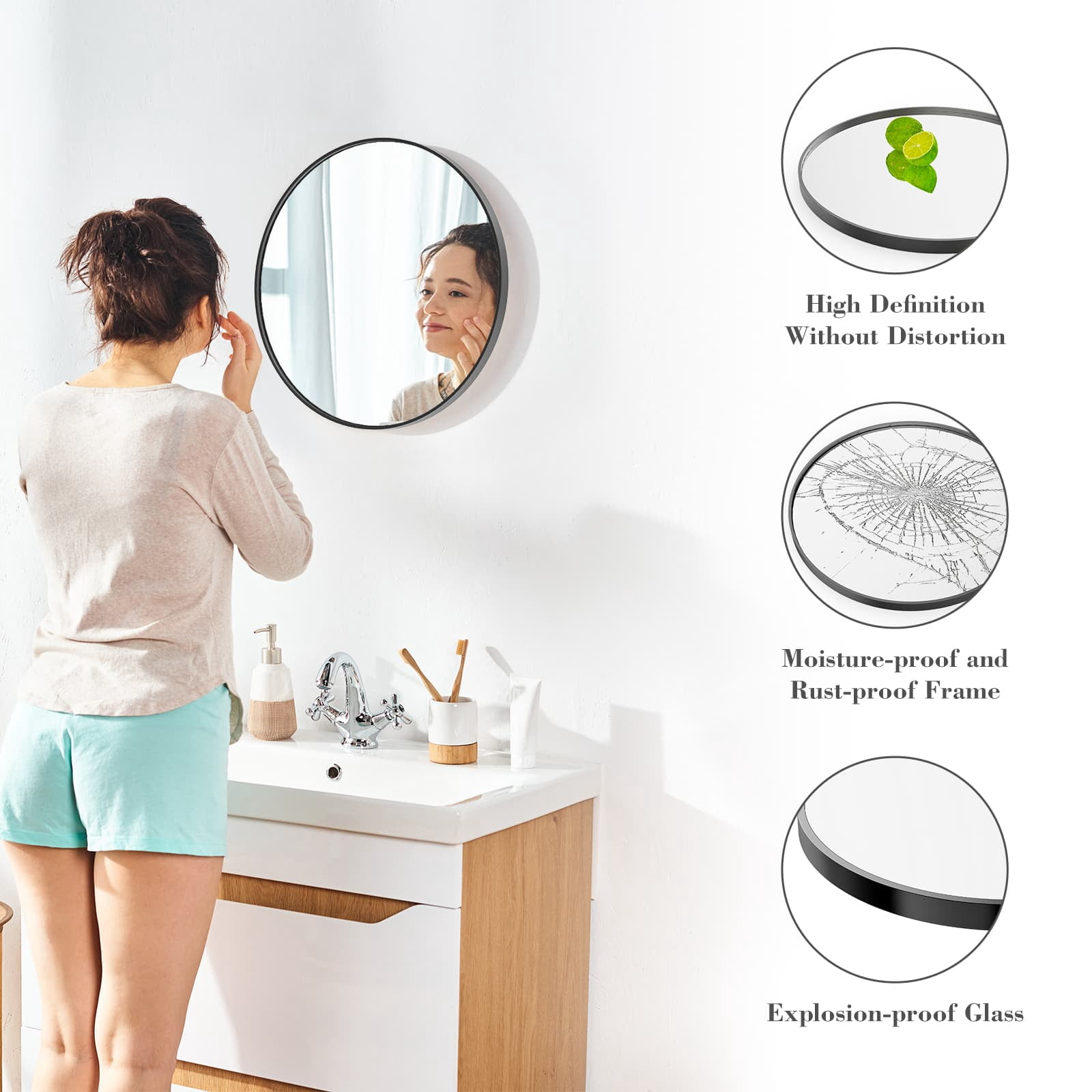 MAYEERTY 20in Black Round Wall Mirror Bathroom Mirrors, Circle Vanity Mirror