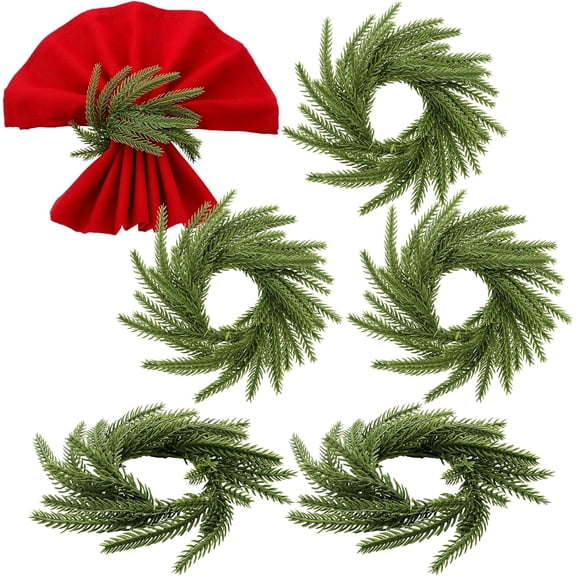 6 Pcs Christmas Napkin Rings Thanksgiving Norfolk Pine Garland Napkin Rings Green Wreath Holder for Banquet Table Festive Decorations Dinner Wedding Party