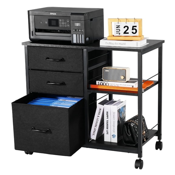 Black Rolling Storage Cabinet: 3 Soft-Close Fabric Drawers and 2 Tier Open Shelf Organizer, Mobile Metal Locker